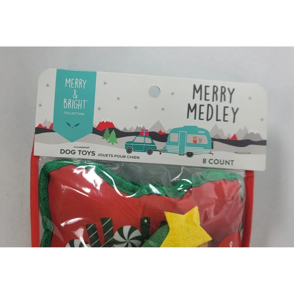 Merry Medley Christmas Stocking For Small/Medium Dogs 8 Toys Squeaks Balls Tugs